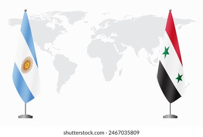 Argentina and Syria flags for official meeting against background of world map.