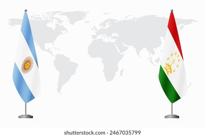 Argentina and Tajikistan flags for official meeting against background of world map.