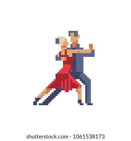 Argentina tango dance man and woman couple character pixel art 80s style isolated vector illustration. Logo of the dance school, design for stickers, mobile app and embroidery. 8-bit.