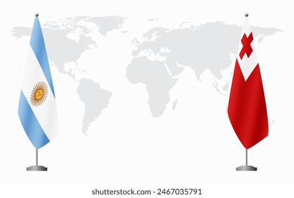 Argentina and Tonga flags for official meeting against background of world map.