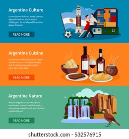 Argentina top tourists attractions 3 flat horizontal banners webpage design with landmarks food and culture isolated vector illustration 