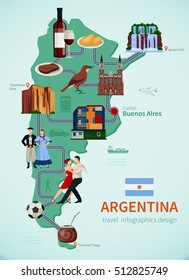 Argentina tourists attraction symbols flat map for travelers with national talampaya park waterfalls and tango vector illustration 