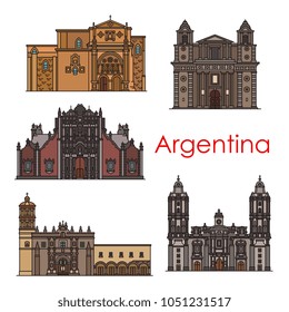 Argentina travel building landmarks and sightseeing architecture line icons. Vector set of Argenitinian churches and sanctuary cathedrals of Buenos Aires Santo Domingo and Sagrario Metropolitana