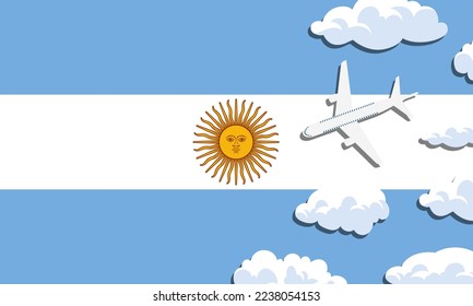 Argentina travel concept. Airplane with clouds on the background of the flag of Argentina. Vector illustration