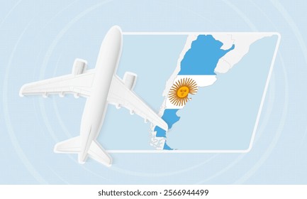 Argentina Travel Illustration with Plane and National Flag. Ideal for travel agencies, promotional materials, or geographic content related to Argentina.