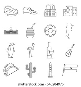 Argentina travel items icons set. Outline illustration of 16 Argentina travel items vector icons for web