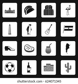 Argentina travel items icons set in white squares on black background simple style vector illustration