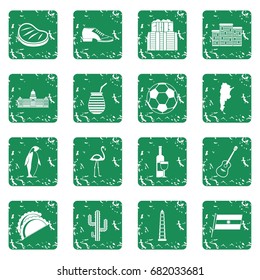 Argentina travel items icons set in grunge style green isolated vector illustration