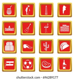 Argentina travel items icons set in red color isolated vector illustration for web and any design