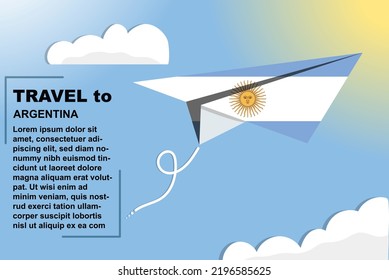 Argentina travel vector banner with paper flag and text space, Argentina country flag on paper plane, holiday and vacation concept, summer travel template and pattern, flight ticket idea