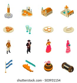 Argentina for travelers isometric symbols collection with national cuisine bitter alcohol drink and obelisk monument isolated vector illustration 