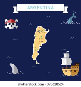 Argentina treasure map in flat design. Colorful cartoon treasure map of Argentina with flat design icons of pirate ship and jolly roger. Argentina flat design vector illustration.