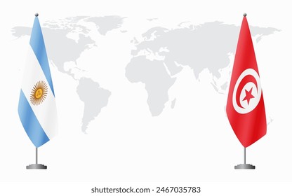 Argentina and Tunisia flags for official meeting against background of world map.