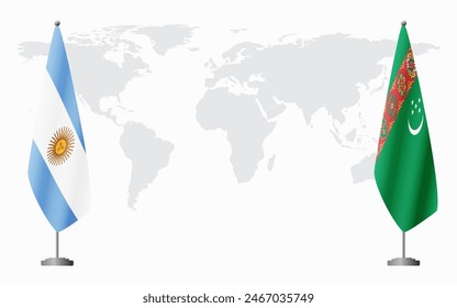 Argentina and Turkmenistan flags for official meeting against background of world map.