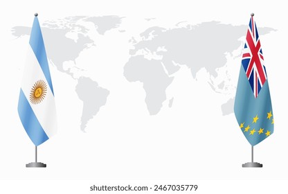 Argentina and Tuvalu flags for official meeting against background of world map.