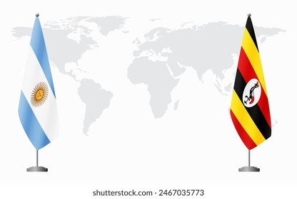 Argentina and Uganda flags for official meeting against background of world map.