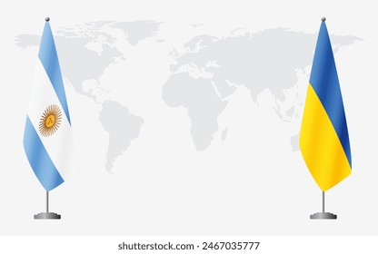 Argentina and Ukraine flags for official meeting against background of world map.