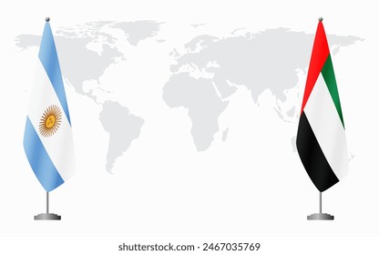 Argentina and United Arab Emirates flags for official meeting against background of world map.