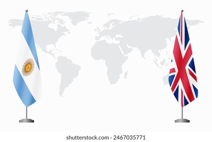 Argentina and United Kingdom flags for official meeting against background of world map.