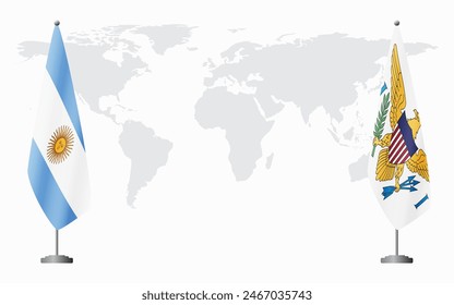 Argentina and United States Virgin Islands flags for official meeting against background of world map.