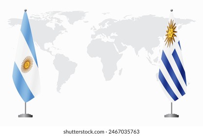 Argentina and Uruguay flags for official meeting against background of world map.