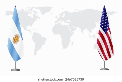 Argentina and USA flags for official meeting against background of world map.