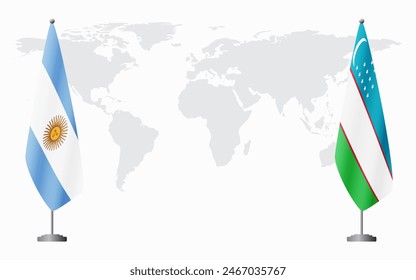 Argentina and Uzbekistan flags for official meeting against background of world map.