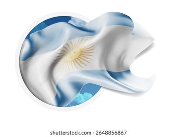 Argentina, Vector 3d bandera contra un cielo azul, a través de un agujero redondo sobre un fondo blanco