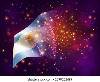 Argentina, vector 3d flag on pink purple background with lighting and flares