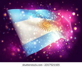 Argentina, bandera vectorial 3d sobre fondo púrpura rosa con iluminación y bengalas