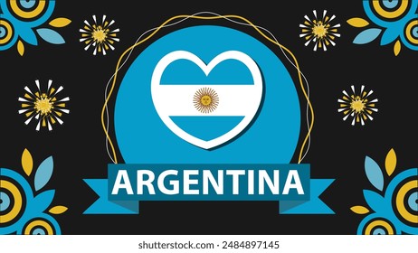 Argentina vector banner design illustration with flag colors, geometric shapes and typography. fireworks and ribbon elements.