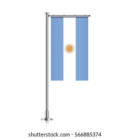 Argentina vector banner flag hanging on a silver metallic pole. Vertical Argentina flag template isolated on a white background.