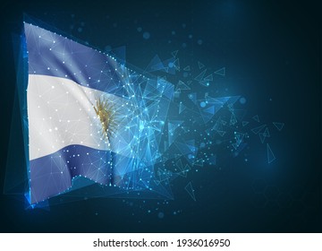  Argentinien, Vektorflagge, virtuelles abstraktes 3D-Objekt aus dreieckigen Polygonen auf blauem Hintergrund