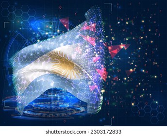 Argentina, bandera vectorial, objeto 3D virtual abstracto de polígonos triangulares sobre fondo azul