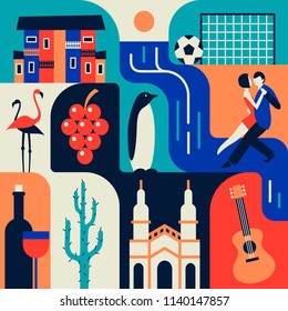 Argentina, vector flat illustration, icon set, color background. House, waterfall, football, flamingo, grape, penguin, dance, wine, cactus, building, guitar.