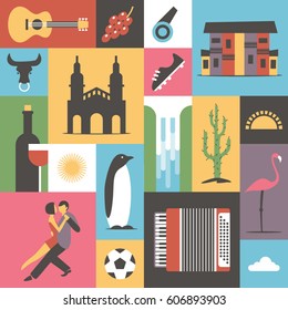 Argentina, vector flat illustration, icon set, travel background. Guitar, grape, house, bull, boots, wine, sun, waterfall, cactus tree, food, flamingo bird, music, soccer, dance