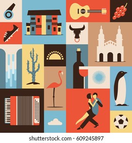 Argentina, vector flat illustration, icon set, travel background. Guitar, grape, house, bull, boots, wine, sun, waterfall, cactus tree, food, flamingo bird, music, soccer, dance