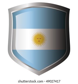 Argentina vector illustration flag on metal shiny shield. Collection of flags on shield against white background. Isolated object.