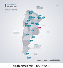 Argentina vector map with infographic elements, pointer marks. Editable template with regions, cities and capital Buenos Aires. 