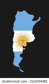 Argentina vector map silhouette illustration isolated on black background. Argentina flag map. Southern America state symbol. 