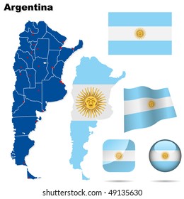 Argentina vector set. Detailed country shape with region borders, flags and icons isolated on white background.