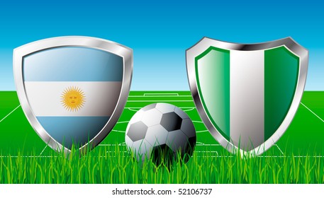 Argentina versus Nigeria abstract vector illustration isolated on white background. Shiny football shield of flag Argentina versus Nigeria