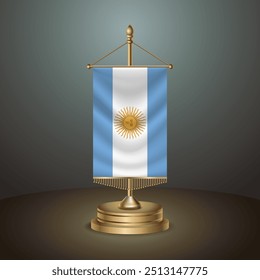 Argentina Bandeira de mesa vertical com polo dourado da Albânia no fundo de gradiente escuro, Modelo banner vetor Ilustração