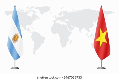 Argentina and Vietnam flags for official meeting against background of world map.