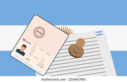 Visa argentina, pasaporte estampado abierto con documento de visa aprobado para cruzar la frontera. Concepto de visa de inmigración. Antecedentes con bandera argentina. ilustración vectorial