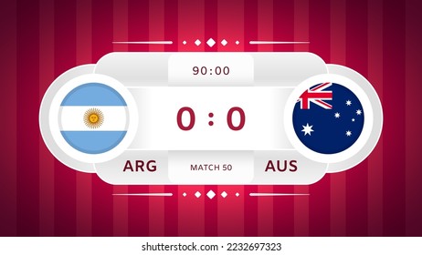 Argentina vs Australia Match Design Element. Flag icons isolated on stylized red striped background. Football Championship Competition Infographics. Announcement, Goal Score Template. Vector