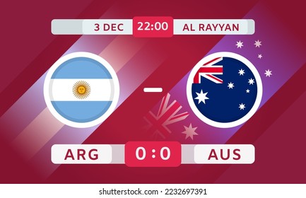 Elemento de diseño de coincidencia Argentina vs Australia. Marca iconos con transparencia aislados en el fondo rojo. Infografía De La Competencia Del Campeonato De Fútbol. Anuncio, plantilla de puntuación de objetivo. Vector