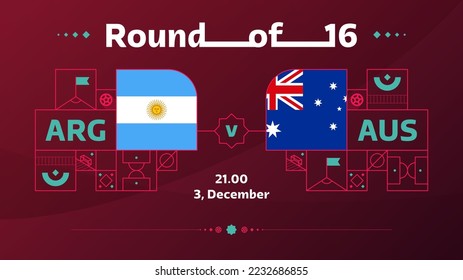 la ronda de la jugada argentina vs australia de 16 partidos de fútbol 2022. Partido del Campeonato Mundial de Fútbol 2022 contra equipos de fondo deportivo de introducción, afiche de la competencia del campeonato, ilustración del vector.