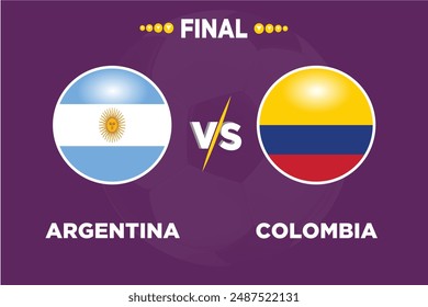 Argentina vs Colombia, partido final, en competencia de futbol Banderas rivales de ambos Equipos con forma futbolística. Aísle con el color púrpura y el fútbol. Archivo EPS editable. Partido de fútbol ARG VS COL.