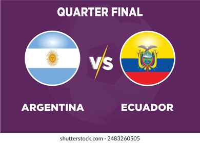 Argentina vs Ecuador, Cuartos de Final, Junio 2024 en Competición de Fútbol Banderas rivales de ambos Equipos con forma de futbol.Aislado con color púrpura y Fútbol.Archivo EPS editable.ARG VS ECU partido de futbol